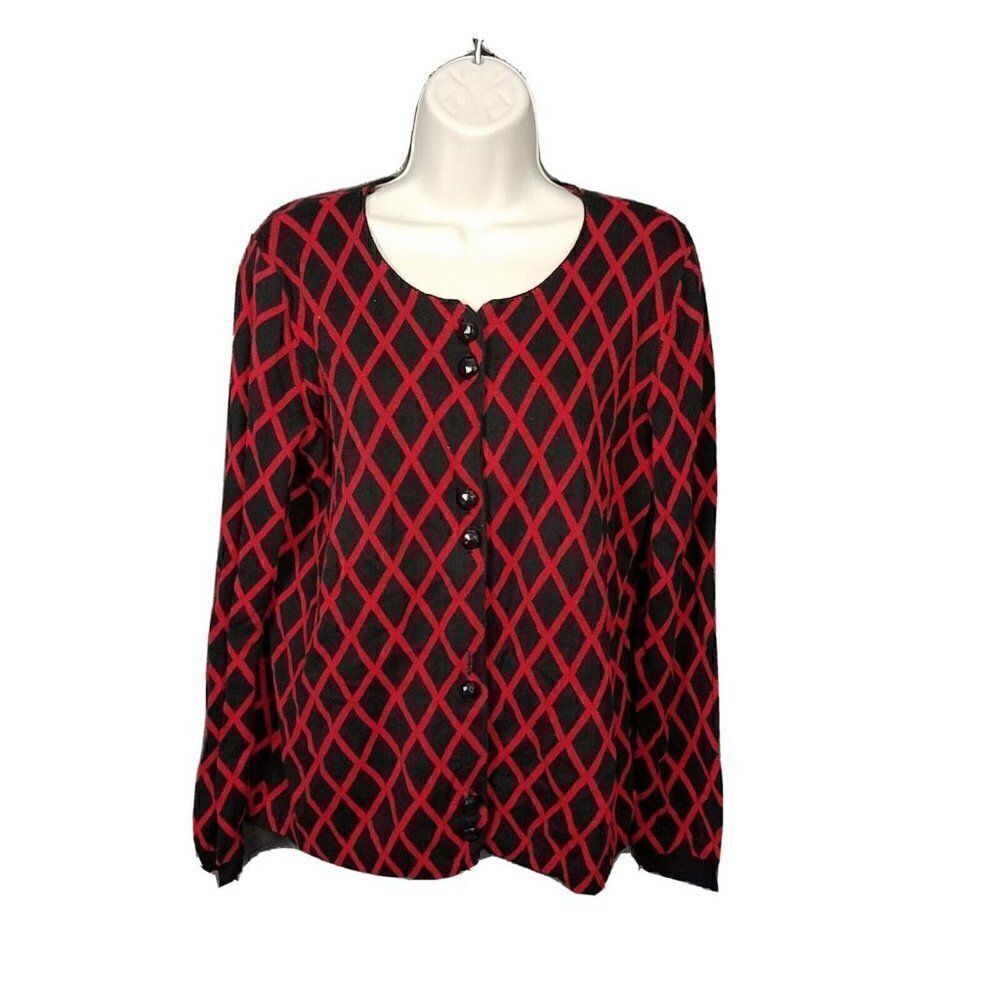 PBJ Sport Red Black Diamond Long Sleeve Size Medium Womens Cardigan Lt Weight